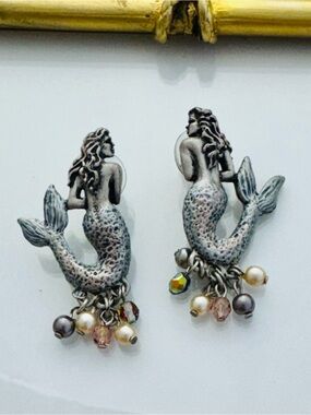 Vintage Kirk’s Folly Mermaid Earrings with Multi-Colored Beads Beachy Mystical